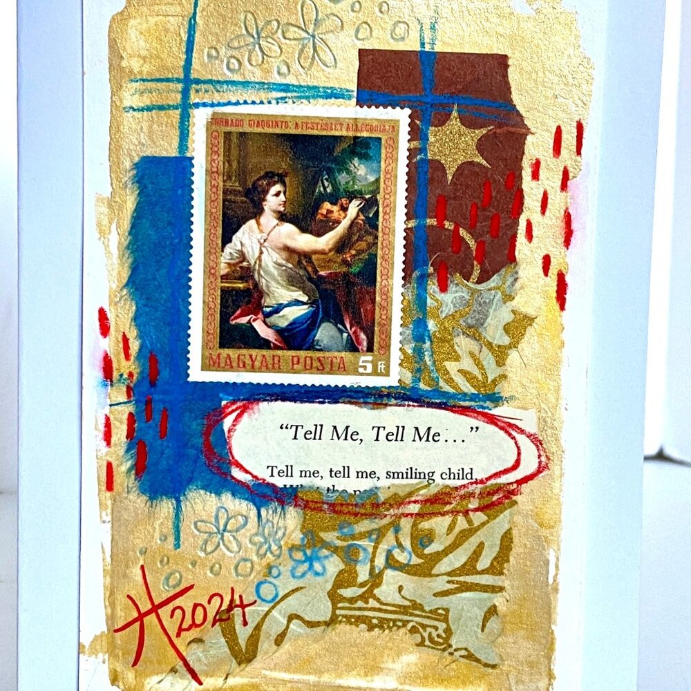 Collage Art Handmade Original Blank Greeting Card and Envelope Vtg Hungary Stamp